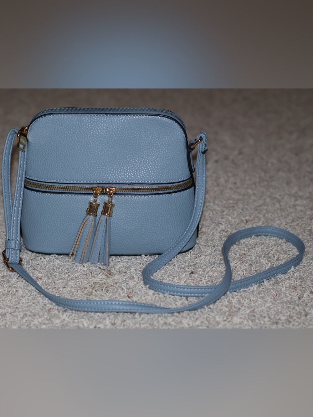 Light Blue Textured Leather Crossbody with Tassels